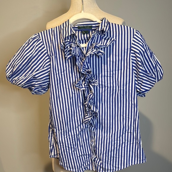 Ralph Lauren Blue and White Striped Blouse nautical boat day sz L - Picture 1 of 4